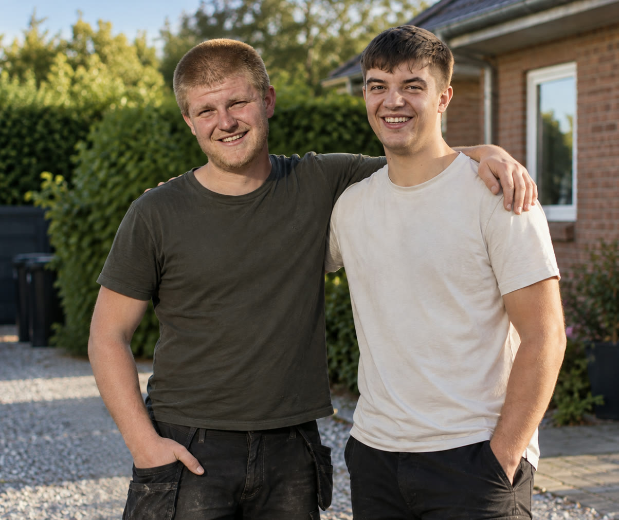 To fra Nordis Service ApS står sammen foran et murstenshus